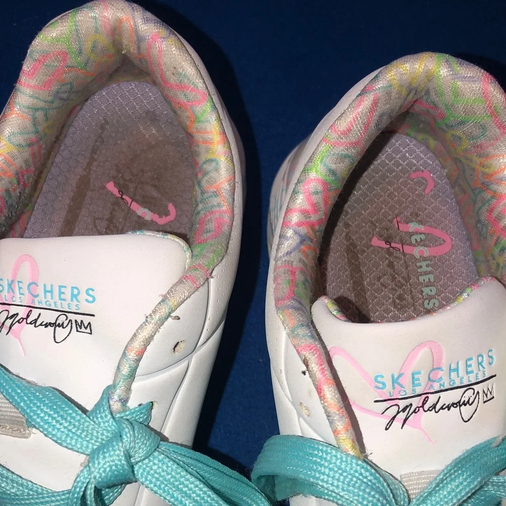 Skechers Kids White Sneakers with Aqua Laces and Pastel Accents